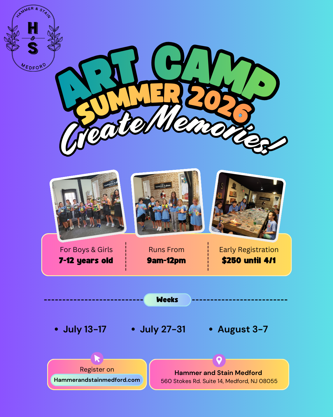 Summer Art Camp 2026 (MEDFORD) Ages 7-12